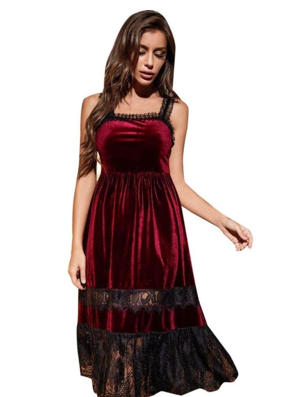 Burgundy Velvet Lace Midi Slip Dress Square Neck Spaghetti Strap Size XL